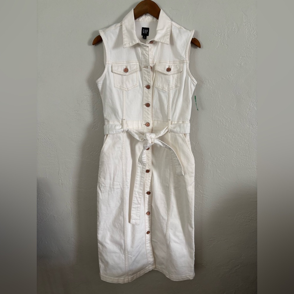 GAP White Sleeveless Button-Front Midi Dress with Tie Waist 6 TALL